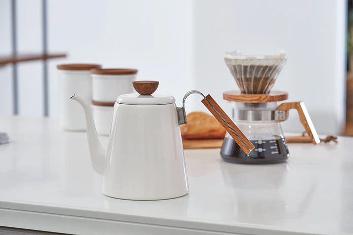 Hario Wooden Coffee Drip Christmas Gift Set: Hario Bona Enamel Kettle, V60 Olive Wood Glass Dripper and Server (Size 02) + 250g Bag of Kamwangi AB Filter
