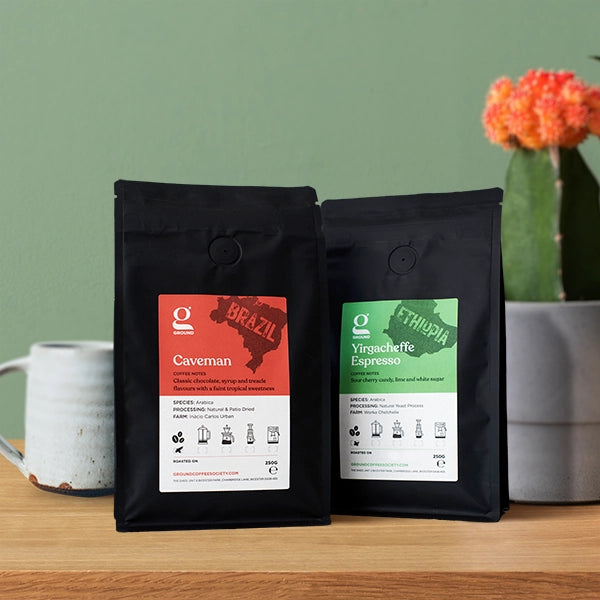Pack shot of Ground Coffee Society specialty coffee bags