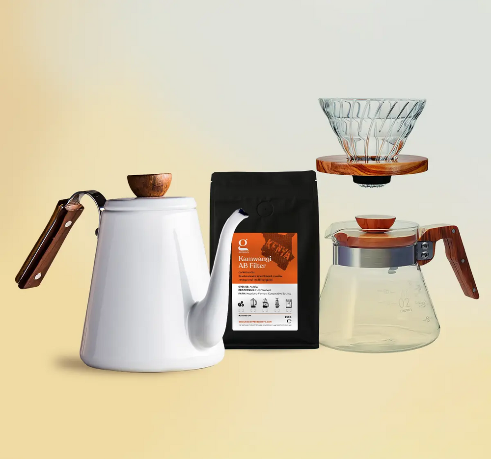 Hario Wooden Coffee Drip Christmas Gift Set: Hario Bona Enamel Kettle, V60 Olive Wood Glass Dripper and Server (Size 02) + 250g Bag of Kamwangi AB Filter