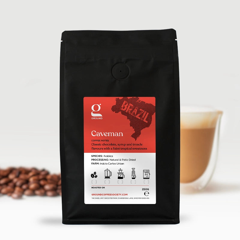 Bag of delicious hand-roasted single origin Ground Coffee Society 250g Coffee Beans Brazil Caveman