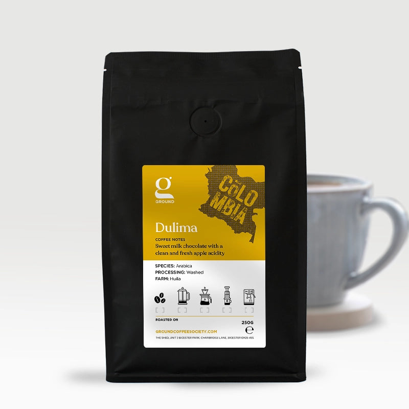 Bag of delicious hand-roasted single origin Ground Coffee Society 250g Coffee Beans Colombia Dulima