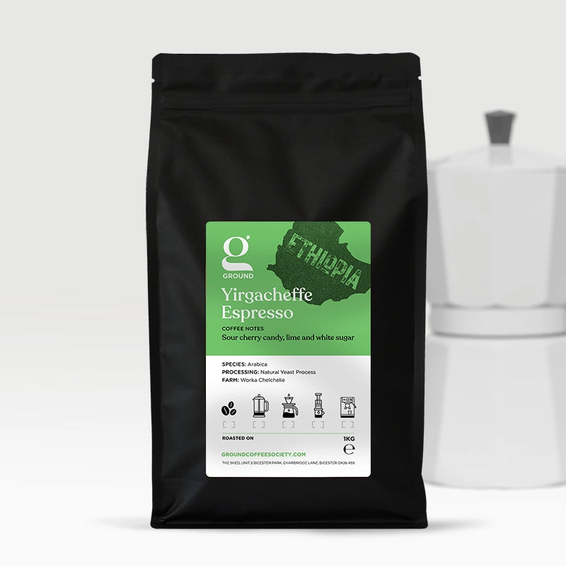 Bag of delicious hand-roasted single origin Ground Coffee Society 1Kg Coffee Beans Ethiopia Yirgacheffe Espresso