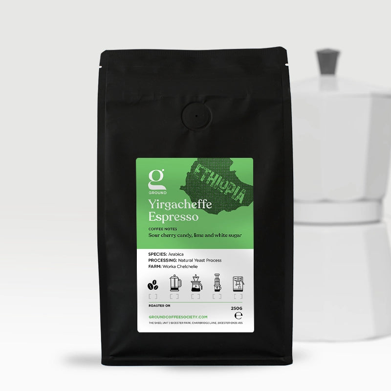 Bag of delicious hand-roasted single origin Ground Coffee Society 250g Coffee Beans Ethiopia Yirgacheffe Espresso
