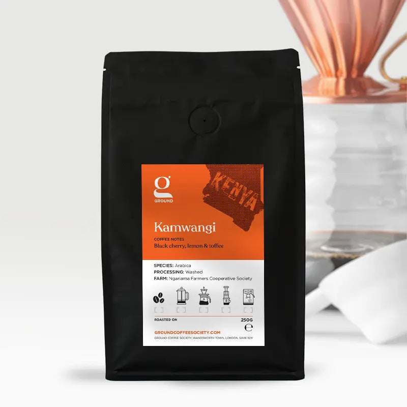 Bag of delicious hand-roasted single origin Ground Coffee Society 250g Kenya Kamwangi AB Filter