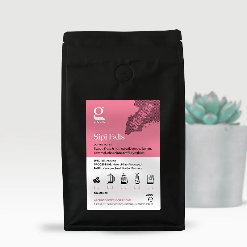 Bag of delicious hand-roasted single origin Ground Coffee Society 250g Uganda Sipi Falls